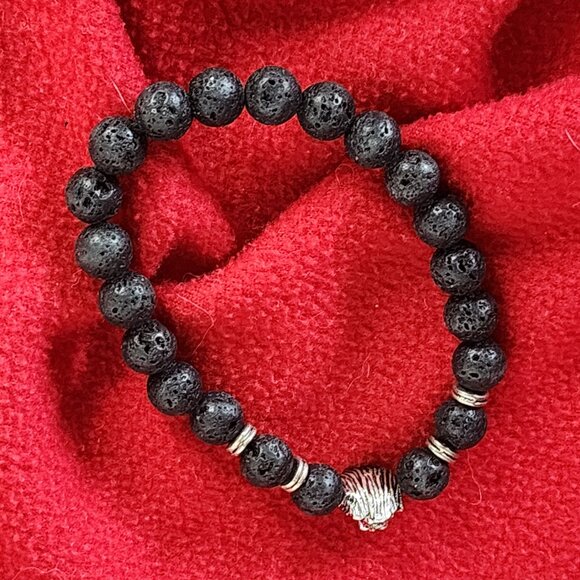 Leo Silver Plated Lion Head and Black Lava Stone Beaded Stretch Bracelet OSFM - Picture 11 of 16
